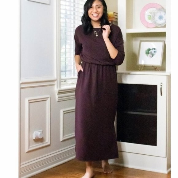 GARNET HILL Bateau Neck Knit Midi Dress Elastic Waist Eggplant Purple Small - Picture 1 of 7